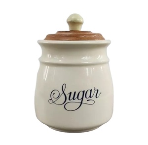 Pot à sucre en céramique <span class=keywords><strong>beige</strong></span> vintage, boîte de rangement en porcelaine avec couvercle en bois - Product Image 1