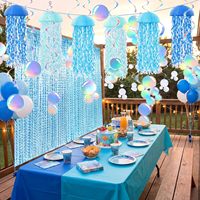 Lanternes en papier en forme de méduse suspendues avec rideaux à franges, serpentins en spirale, décoration de fête sirène pour anniversaire ou baby shower (bleu)