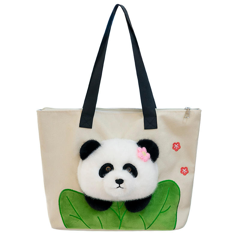 OEM Casual Panda Tote Handbag Fluffy Cute Canvas Shoulder Bag with Zipper Closure