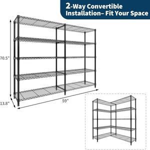 Scaffale Metallico a 5 Ripiani a Forma di L Garvee 70" H, Capacità 1325 LBS, Ripiani Regolabili, Verniciato Nero, per Cucina - Product Image 1