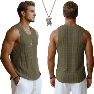 Débardeur en tricot gaufré vert olive pour homme, col rond, couleur unie, respirant, décontracté, sans manches, pour l'été - Product Image 2