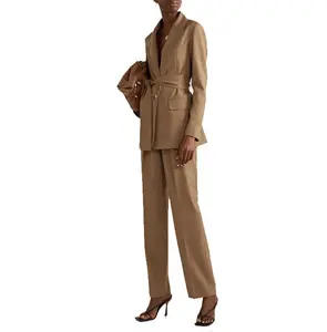 长袖 v 字领单排扣女性夹克工作风格女性外套腰带女性夹克