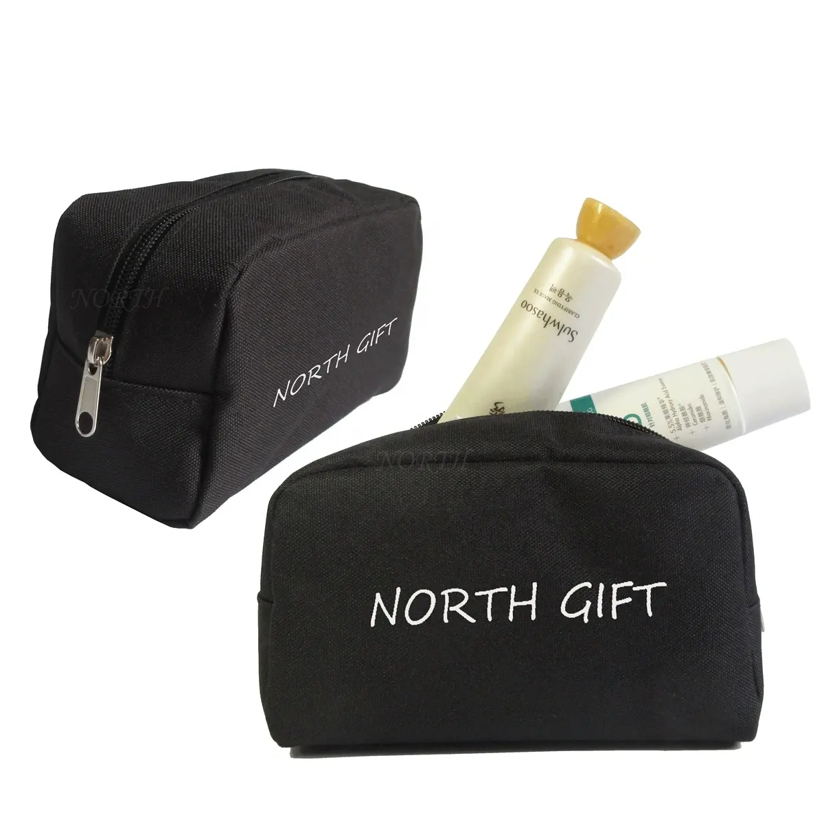 Bolsa de cosméticos reutilizável, bolsa de nylon preta para maquiagem com zíper, para viagem, feminina e masculina