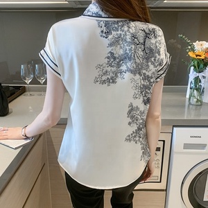 Blusa de cetim solta e grande tamanho, para o verão, casual, manga curta, gola com laço, camisa 9350 # - Product Image 5