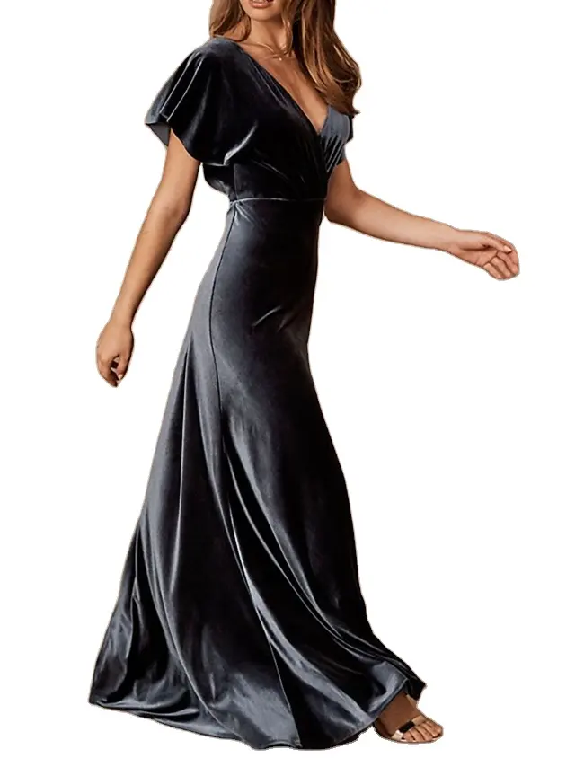 Women's Elegant Deep V Neck Flutter Sleeves Backless Velvet Floor Length Long Cocktail Party Dress