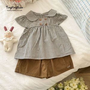 TongXingYuan Baby Girls Plaid Shirt With Peter Pan Collar And Brown Shorts Set Breathable Summer Clothing - Product Image 1