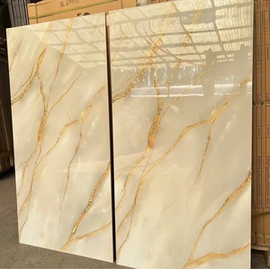Piastrelle Moderne in Porcellana con Smalto Simil-Giada Gialla per Bagno e Soggiorno, Piastrelle Lucide Dorate con Venature Blu e Bianche - Product Image 1