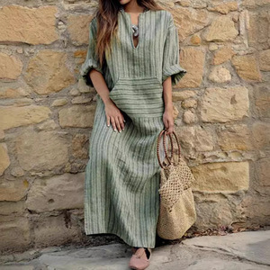 2025 nouvelle <span class=keywords><strong>robe</strong></span> longue ample rayée en fil de coton et de <span class=keywords><strong>lin</strong></span> teint pour femmes avec poche - Product Image 4