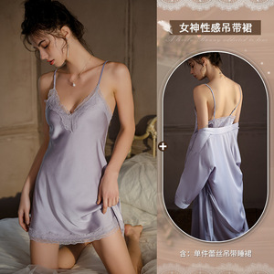 Encaje tentación Sexy Deep V pijama hielo seda manga corta talla grande Pure Desire Strap falda para dormir ropa de casa para mujer - Product Image 4