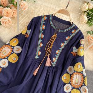 Abito S-XL stile <span class=keywords><strong>etnico</strong></span> bohémien in cotone lino ricamato Vintage abito con maniche a bolle abito <span class=keywords><strong>corto</strong></span> ampio - Product Image 4