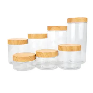 Custom 50ml 60ml 80ml 120ml 150ml 200ml 250ml 300ml 500ml PET plastic jar with wooden grain bamboo lid