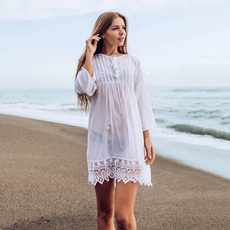 秋の白いブラウス女性卸売カフタンドレスビーチボヘミアンドレス