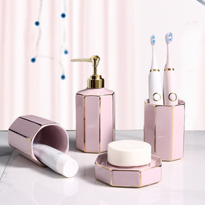 Luxury Elegant Light Purple Polygonal <strong>Trimmed</strong> Ceramic Bathroom Set, ABS Pump Soap Dispenser &amp; Tooth Cup <strong>Bath</strong> Grooming Organizer - Product Image 2