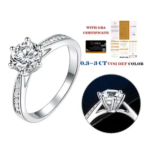 GRA Certified 0.3ct 0.5ct 1ct 2ct 3ct D VVS moissanite diamonds S925 ring sterling silver engagement wedding rings for Women