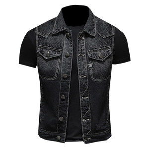 Gilet Casual da <span class=keywords><strong>Uomo</strong></span> Stile Europeo e Americano, Gilet da Motociclista <span class=keywords><strong>Nero</strong></span>, Gilet Senza Maniche in Denim OEM - Product Image 1