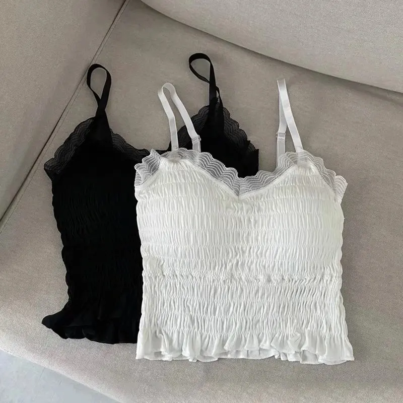 Lace Slim Fit Crop Tops Off Shoulder Spaghetti Strap Tanke Top Women Built In Bra Sleeveless Versatile Solid Color 2023 Cami Hot