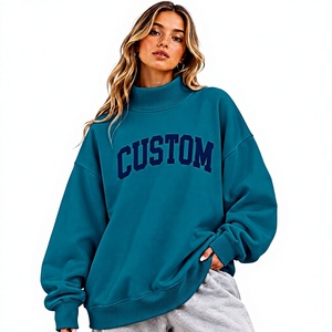 Sweat-shirt ample en maille respirante pour femme, col montant brodé, mélange de coton premium, doux, confortable et tendance - Product Image 1