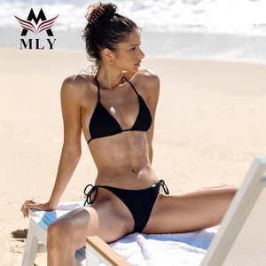 Conjunto de <span class=keywords><strong>bikini</strong></span> de 2 piezas con logo personalizado al por mayor, sin costuras, para playa, con tanga de triángulo y efecto arrugado, estampado con técnicas de tejido. - Product Image 1