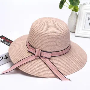 Fashion Cheap Custom Color Paper Plain Straw Hats Beach Girls Sun Hat with Ribbon Decoration