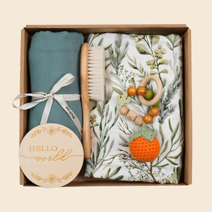 Caja de Regalo para Recién Nacido, Set de Regalo Orgánico para Bebé, Manta de Muselina de Algodón para Bebé, Babero para la Dentición, Sonajero, Set de Juguetes de Madera para Hitos - Product Image 5