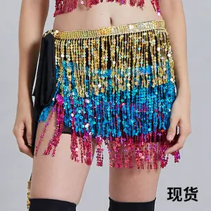 20 couleurs de paillettes jupe de danse du ventre tenue pour les femmes Fringe Rave Costume scène porter danse du ventre hanche jupe écharpe paillettes Wrap