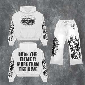 Custom Printed Casual Breathable 100% Cotton Men's 2-Piece Sweatsuits Jogger Clothing <b>Set</b> with Flared Sweatpants and Hoodie - Product Image 1