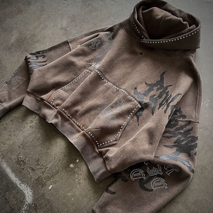 OEM Custom Rhinestone Studded Gothic <strong>Grunge</strong> Oversized Streetwear Sweatshirt Heavyweight Vintage Washed Brown Cropped <strong>Hoodies</strong> Men - Product Image 3