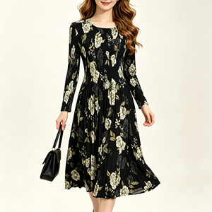 Abito Midi Plissettato da Donna Taglia Unica, Collo Tondo, Maniche Lunghe, Ottimo Drappeggio, Elasticizzato, Non Aderente, per Uso Quotidiano - Product Image 2