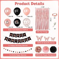 Kit de ballons d'anniversaire personnalisés or rose avec autocollants papillons, rideau à franges, bannière Joyeux Anniversaire, points circulaires et fournitures de fête