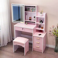 Table de maquillage moderne et mobile à 4 tiroirs avec miroir éclairé par LED et tabouret rembourré pour chambre à coucher ou hôtel, en bois