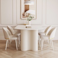 Table à manger ovale en pierre frittée blanc crème, base sur pieds double cannelés, table de salle à manger longue et moderne pour la maison et la cuisine