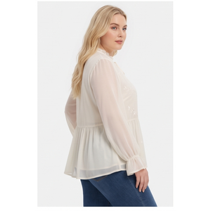 Blusa de Mujer Blanca con Bordado Floral, Cuello con Volantes, Manga Campana, 100% Poliéster, Corte Holgado, Estilo Chic de Primavera - Product Image 4