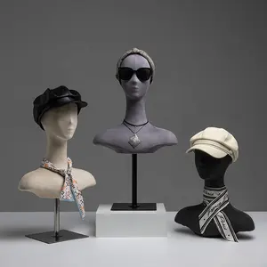 Maniquí de cabeza de tela con hombro para sombrero, exhibición de peluca, soporte de exhibición de pelo, soporte de madera de terciopelo colorido personalizado