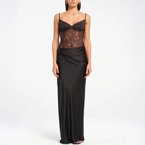Robe de soirée pour femme, noire, en dentelle, avec corsage transparent, jupe en satin longue, décolleté en cœur froncé, robe de soirée formelle - Product Image 1