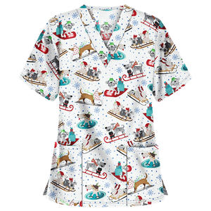 2025 Top qualité motif de noël femmes soins infirmiers gommages Polyester tissu soins infirmiers gommages haut Anti-rides imprimé gommage chemise - Product Image 2