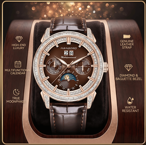 Reloj Premium para Hombre con Fase Lunar, Día y Mes, Tono Oro Rosa con Detalles de Diamantes, Correa de Cuero, Lujoso para Reuniones de Negocios - Product Image 1