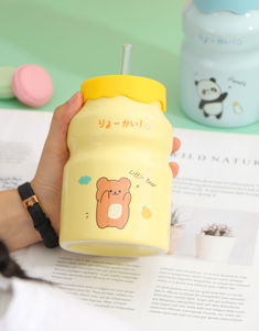 ขวดนมเซรามิคดีไซน์การ์ตูนน่ารัก ขนาด 15 ออนซ์ พร้อมฝาและหลอดดูด แก้วเซรามิค ขวดน้ำ - Product Image 3