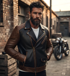 Veste de moto en cuir véritable pour homme, col rabattu, fermeture éclair, couleur unie, coupe classique, coupe-vent, automne - Product Image 1