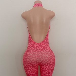 Nuova <span class=keywords><strong>Tuta</strong></span> Intera Aderente Y2K con Logo Personalizzato, Stile Halter Senza Schienale, Stampa Leopardata <span class=keywords><strong>Rosa</strong></span> - Product Image 2