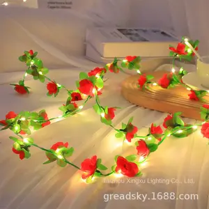 New LED Simulation Rose Lamp String Green Leaf Rattan Flower Sunflower Curtain Camping Decorative