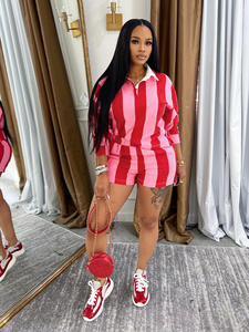 Ensemble rayé pour femmes, manches longues, col rabattu, t-shirt <span class=keywords><strong>polo</strong></span> et short, 2025, deux ensembles de 2 pièces - Product Image 3