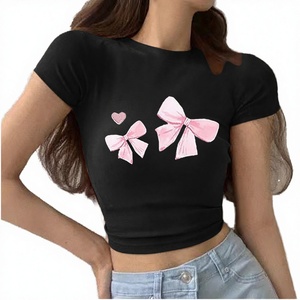 Lightweight Breathable Loose Summer Sweet Jersey <b>Print</b> Stand Collar Short-sleeved Crop Top T-shirt - Product Image 3