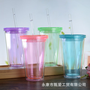 Double Layer Plastic <b>Straw</b> <b>Cup</b> With <b>Lid</b> Solid Color Purple Green Blue Pink Party Drinkware Set 020 - Product Image 3