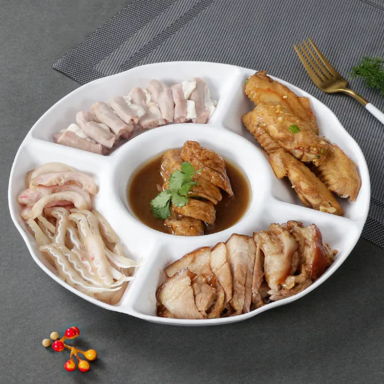 Großhandel Weiß Geteilte Kunststoff Lunch Plate Dim Sum Tray Unzerbrechliche Melamin platten mit 5 Fächern