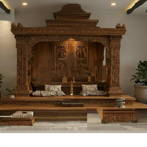 Templo de Pooja Clásico Tradicional del Sur de la India, de Madera de Teca, Personalizado, de Madera Sólida, Tamaño Personalizado, Mandir con Almacenamiento, Fábrica en India - Product Image 1