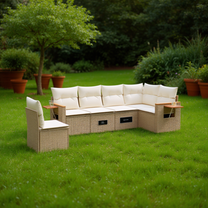 Beige Rattan Garden <b>Sofa</b> Set With <b>Side</b> <b>Tables</b> 6 Seater Outdoor Furniture Contemporary Design - Product Image 2