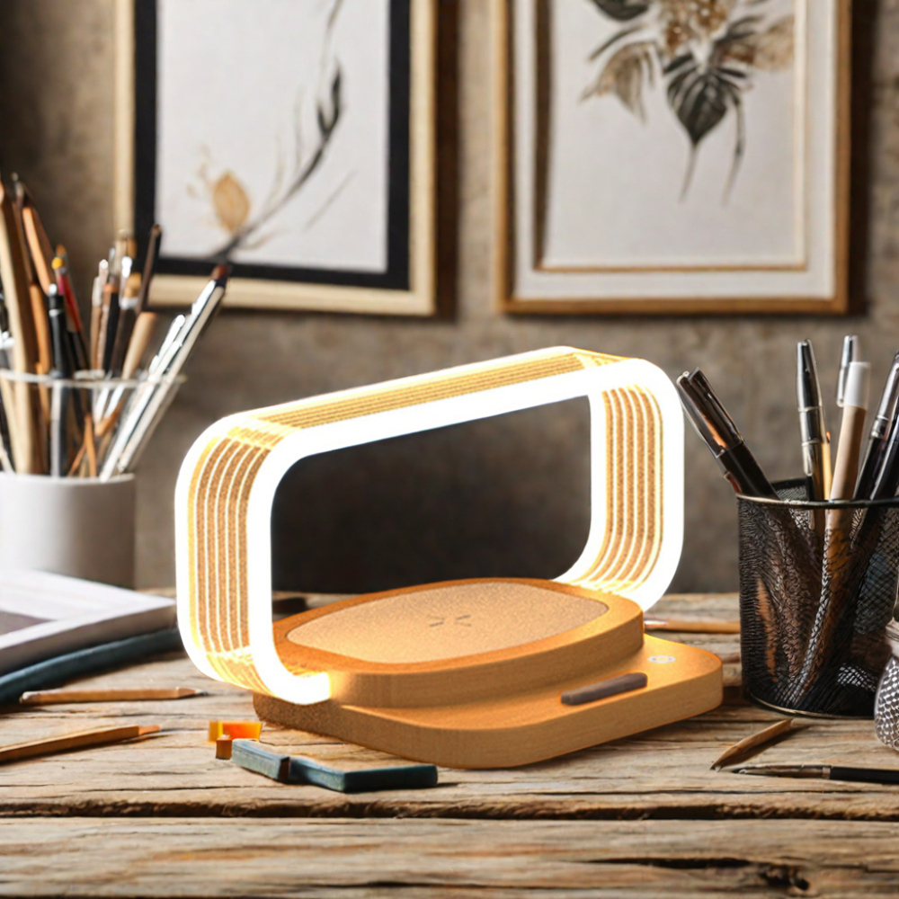 Versatile LED Mini Table Lamp with 10W Wireless Charger & Adjustable Phone Holder ABS Electric Power for Bedroom