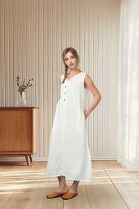 Robe longue d'été en lin et coton coupe droite pour femme, col en V, manches courtes, silhouette trapèze, écologique, respirante, OEM ODM, personnalisable - Product Image 2