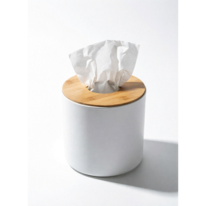 Round Bamboo Tissue Box White Ceramic With Wooden Lid For Daily Use - Product Image 1
