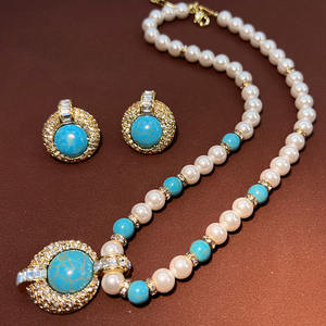 ชุดสร้อยคอและต่างหูสไตล์โบฮีเมียนลายเรขาคณิตชุบทองประดับด้วยหินเทอร์ควอยซ์และมุกสำหรับผู้หญิง - Product Image 1